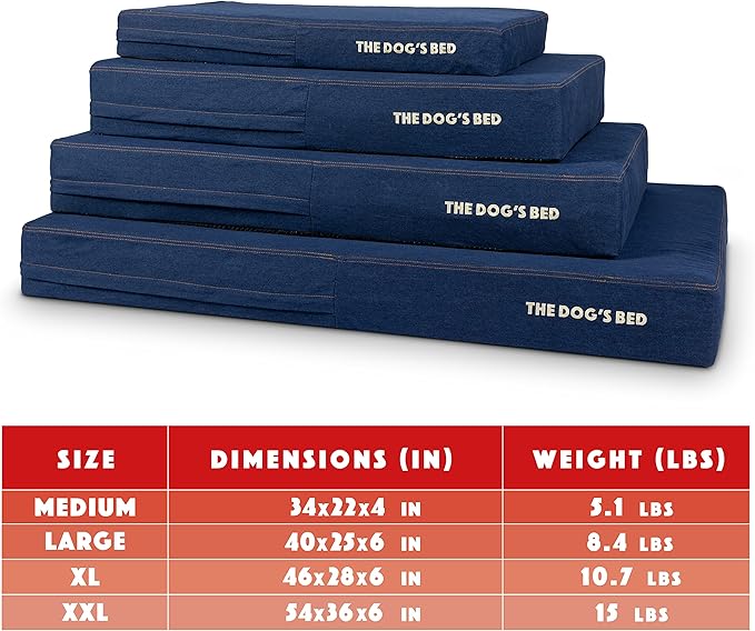 The Dog’s Bed Orthopedic Memory Foam Dog Bed, XL Blue Denim 46x28, Pain Relief for Arthritis, Hip & Elbow Dysplasia, Post Surgery, Lameness, Supportive, Calming, Waterproof Washable Cover