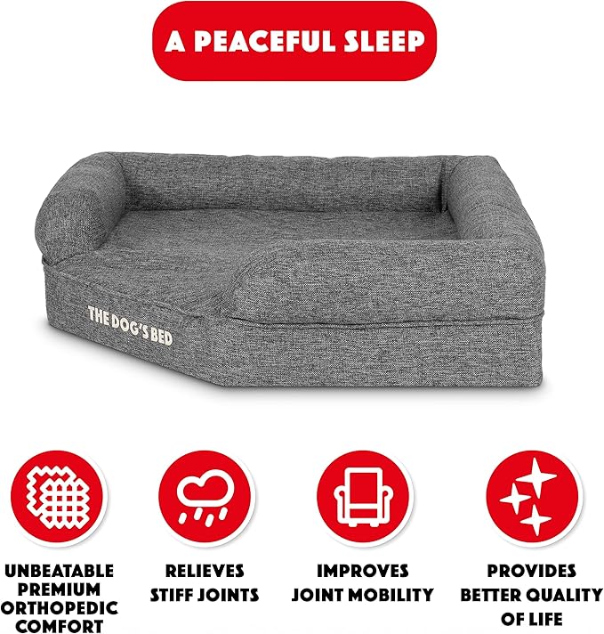 The Dog’s Bed Memory Foam Waterproof Corner Dog Bed, Large, Grey Linen, Eases Pet Arthritis & Hip Dysplasia Pain, Therapeutic & Supportive, Washable Linen Fabric Cover