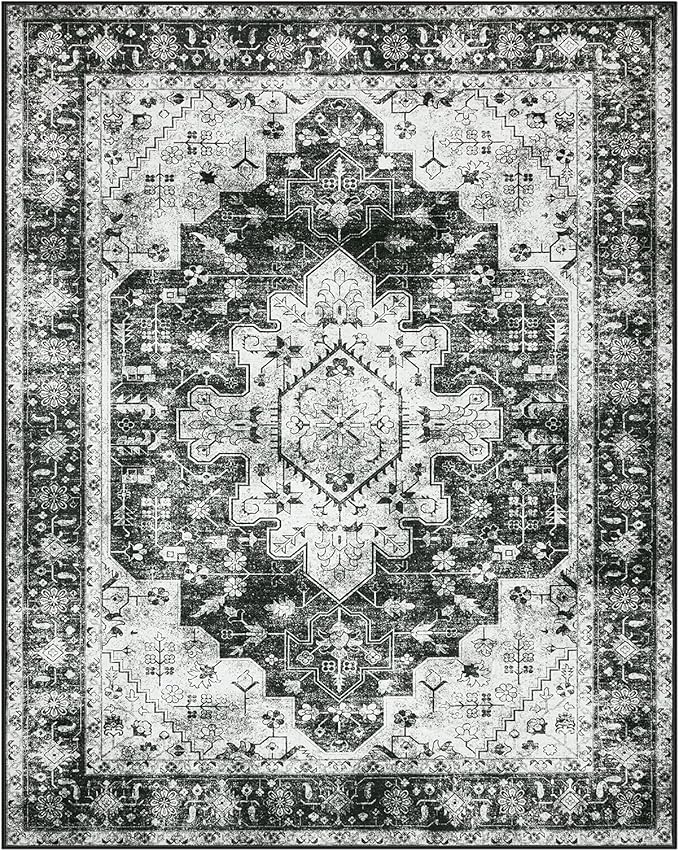 Moynesa Ultra-Thin Washable Area Rugs 8x10 Black and White Rugs for Living Room, Boho Large Rugs for Bedroom Non Slip Lightweight, Vintage Low Pile Carpet for Dining Room Home Office Decor