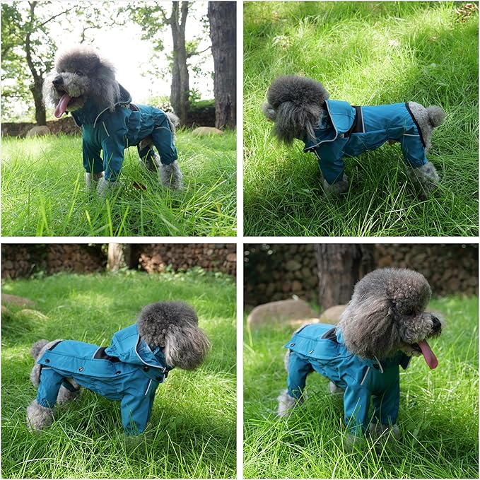 LOVELONGLONG Waterproof Dog Raincoat with Removable Hood – Outdoor Full Body Dog Jacket, Windproof Snowproof Shell Suit – All Season Pet Rain Gear Ocean Teal S