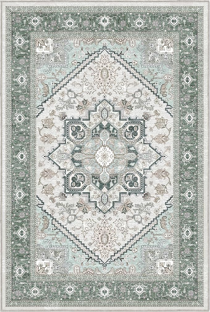 OPPODREAM Thin Area Rugs 4x6, Low-Pile Washable Rugs 4x6 with Non Slip Backing, Faux Cashmere 4 x 6 Throw Carpet, Green