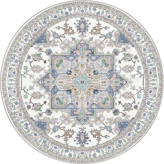 OPPODREAM Thin Round Rug 4ft, Washable Circle Rug 4ft with Non Slip Backing Play Room, Low-Pile Carpet 4 ft, Small Faux Cashmere Throw Carpet, Purple & Green & Cream