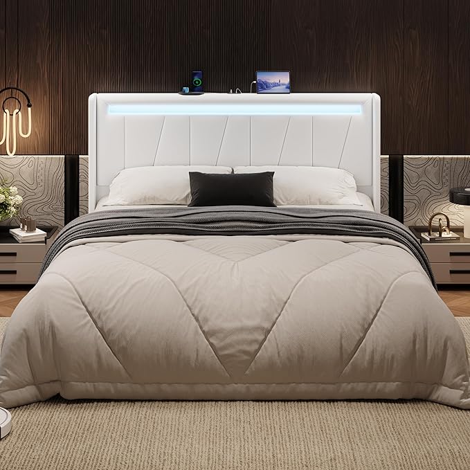 SHA CERLIN Full Size Bed Frame with Charging Station and LED Lights, Modern Velvet Platform Bed with Upholstered Geometric Wingback Headboard, No Box Spring Needed, Easy Assembly, White