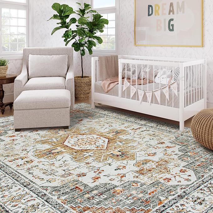 Moynesa Ultra-Thin Washable Area Rug 8x10, Large Living Room Rugs for Bedroom Under Dining Room Table, Vintage Oriental Medallion Printed Low Pile Carpet for Home Office Decor, Beige/Gold