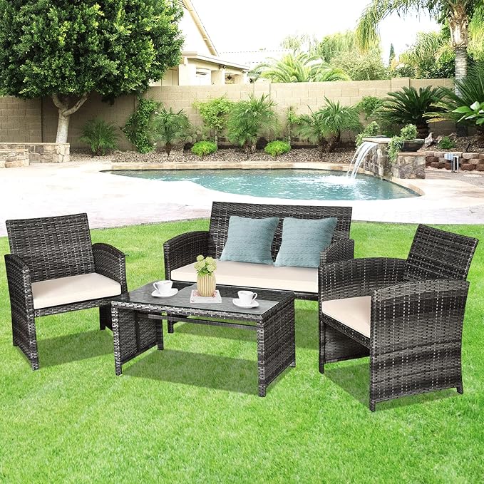 Goplus 4-Piece Rattan Patio Furniture Set, Outdoor Wicker Conversation Sofa with Weather Resistant Cushions and Tempered Glass Tabletop for Lawn Backyard Pool Garden (Beige)