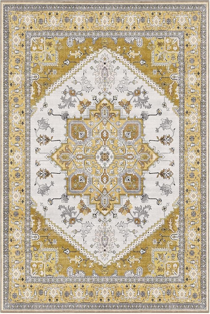 OPPODREAM Thin 6x9 Area Rugs, Washable Rug 6x9 with Non Slip Backing, Faux Cashmere Low-Pile 6 x 9 Carpet, Yellow