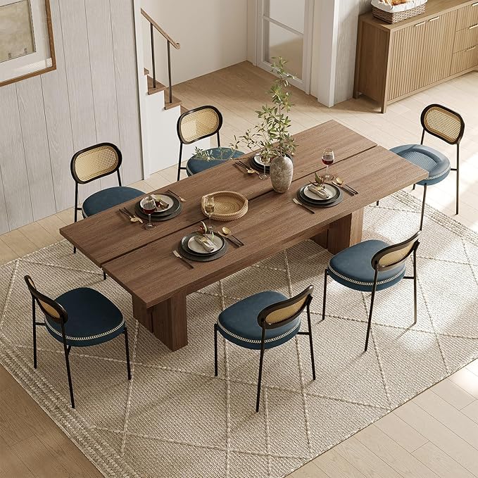 Rattan Dining Chairs Set of 4, Blue Leather Upholstered Dining Chairs with Rattan Cane Back, Mid Century Modern Dining Room Chairs with Black Metal Legs & D-Shaped Thicken Cushion, Blue