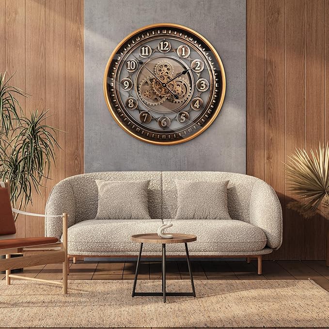 24 Inch Wall Clock with Moving Gears Large Industrial Steampunk Metal Clock Antique Gold Oversized Farmhouse Decor Wall Clock for Living Room Home Office(Bronze Brown-Arabic Numerals)