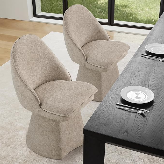 Swivel Dining Chairs Set of 4, Upholstered Mid Century Modern Deskchair with Round Back, Linen Fabric Kitchen Chairs for Dining Room, Bedroom, Dressing Room, Khaki