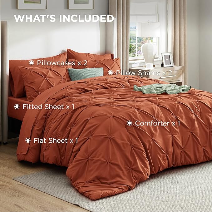 Bedsure Queen Comforter Set Burnt Orange - Bed in a Bag Queen Size Bedding 7 Pieces, GentleSoft™ Pintuck Bed Set Gift for Family, Pinch Pleat Burnt Orange Comforter with Sheets, Pillowcases & Shams