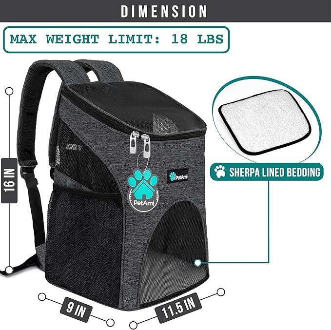 PetAmi Small Dogs and Cat Backpack Carrier, Airline Approved Pet Backpack Carrier, Ventilated, Safety Strap, Buckle Support Designed for Hiking Travel Camping Outdoor, Max 18 lbs (Dark Gray)