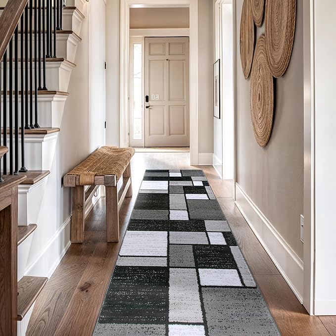 Rugshop Contemporary Modern Boxes for Hallway,Living Room,Bedroom,Kitchen Non Shedding Carpet Runner Rug 2'7" x 12' Gray