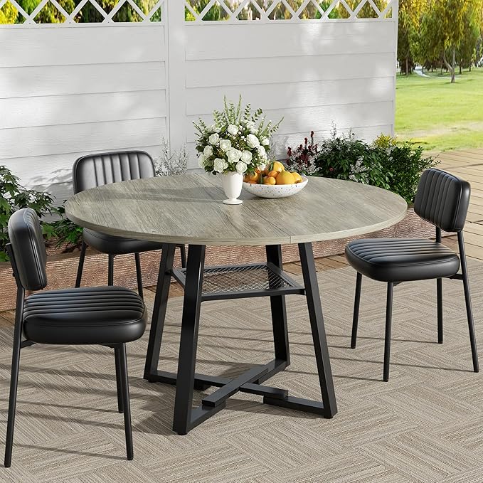 Round Dining Table for 2-4 People,42 Inch Dining Room Table,Modern Circle Kitchen Table with Storage Shelf and Metal Legs for Dining Room,Kitchen,Grey (Table Only)