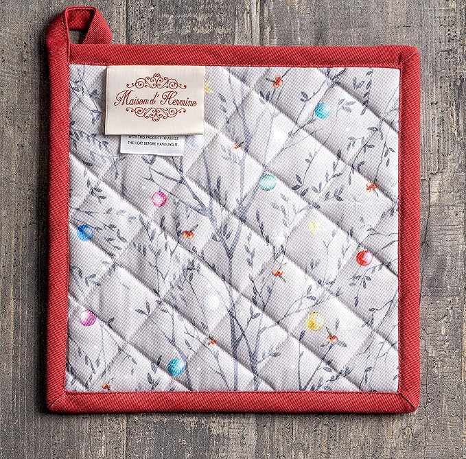 Maison d' Hermine Pot Holders Set 100% Cotton Heat Resistant Potholders 8" x 8" Hot Pads with Loop for Thanksgiving Christmas Decorations BBQ Baking Handling Hot Pans (Pack of 2, Fairy Christmas)