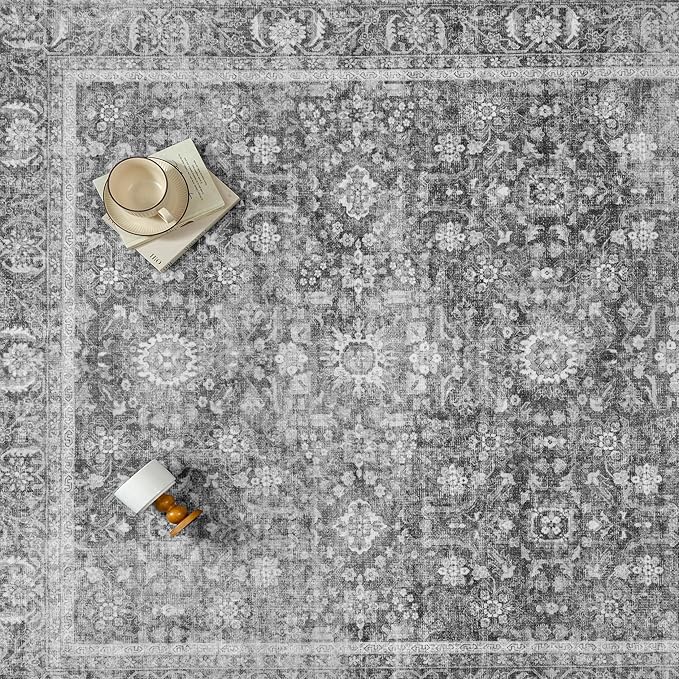 Blue 8x10 Area Rug Non Slip Large Vintage Living Room Distressed Machine Washable Retro Carpet Indoor Bedroom Traditional Floral Accent Throw Rug for Office Kitchen Dorm Dining Room