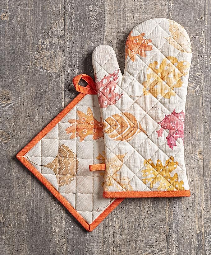Maison d' Hermine 100% Cotton Oven Mitt & Pot Holder Set (7.5"x13" & 8"x8") Heat Resistant BBQ Cooking Gloves with Loop for Thanksgiving Christmas Decorations Handling Hot Pans (Colours of Autumn)