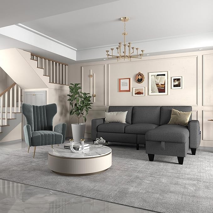 ZeeFu Couch for Living Room - 78'' Beige Linen 3 Seat L-Shaped Sectional Sofa Couches with Storage Ottoman - Modern Small Space Upholstered Furniture Sofa Set for Office Small Space Apartment Bedroom