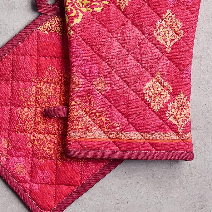 Maison d' Hermine 100% Cotton Oven Mitt & Pot Holder Set (7.5"x13" & 8"x8") Heat Resistant BBQ Cooking Gloves with Loop for Thanksgiving Christmas Decorations Handling Hot Pans (Versailles)