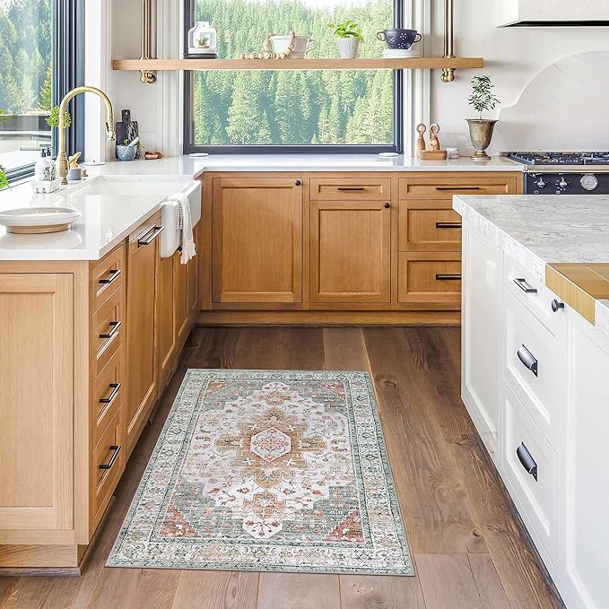 Moynesa Ultra-Thin Washable Area Rug - 3x5 Entryway Rug Washable Bedroom Rug Non Slip Front Door Mat, Vintage Medallion Printed Indoor Carpet for Living Laundry Bathroom Vanity Foyer, Beige/Gold