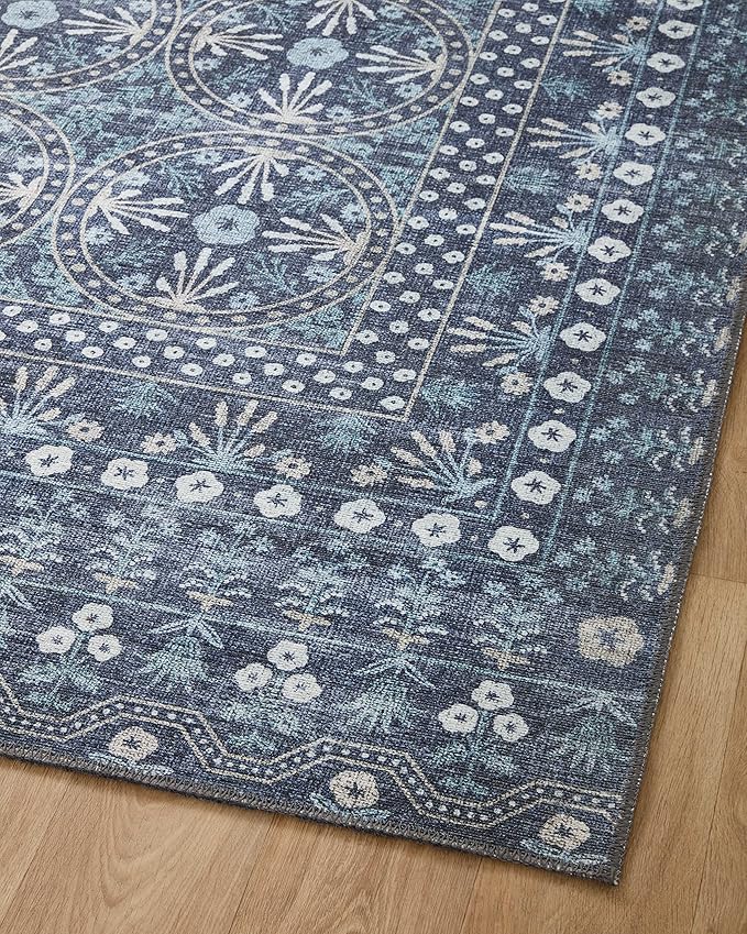 Loloi Rifle Paper Co. Maison Collection MAO-03 Rosette Blue 5'-0" x 5'-0", .19" Pile Height, Round Area Rug