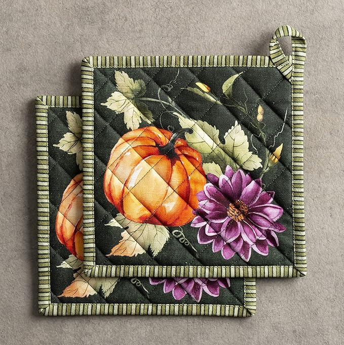 Maison d' Hermine Pot Holders Set 100% Cotton Heat Resistant Potholders 8" x 8" Hot Pads with Loop for Thanksgiving Christmas Decorations Handling Hot Pans (Pack of 2, Pumpkin Garden - Dark Green)