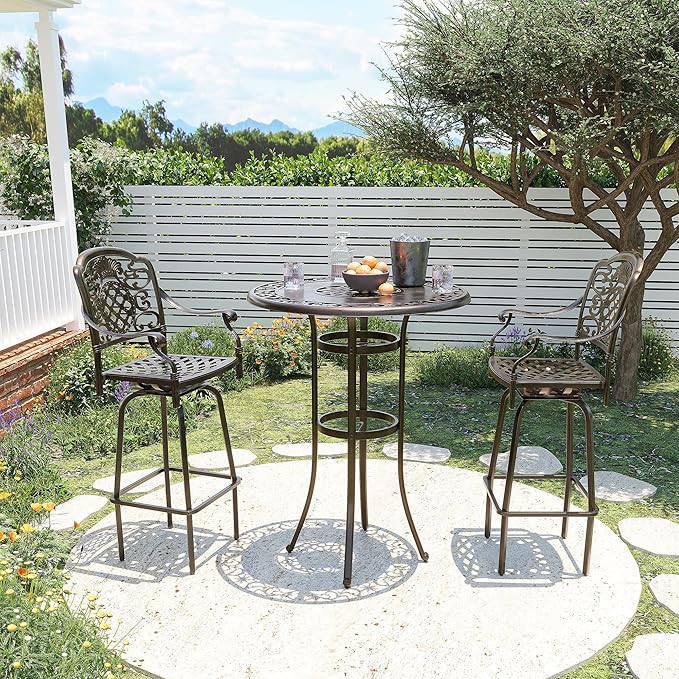 Pamapic 3-Piece Patio Swivel Bar Stools Set,Rustproof Cast Aluminum Patio Bar Sets 2,All-Weather High TopTable and Chairs Furniture Set Garden, Balcony, Bronze