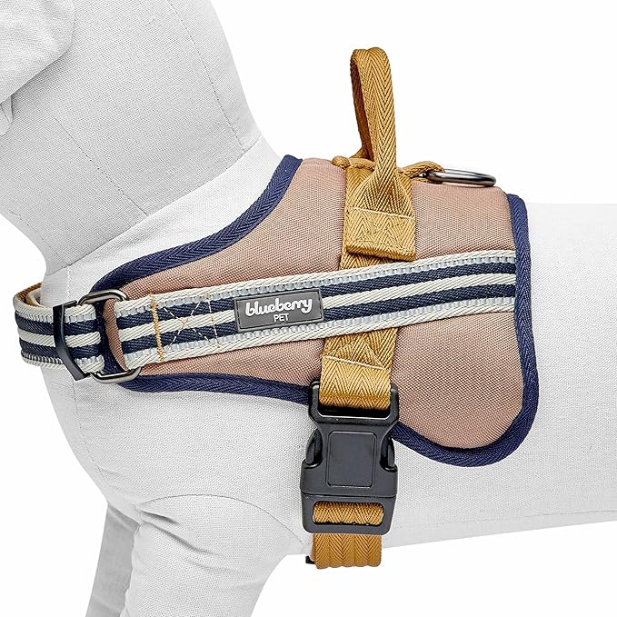 Blueberry Pet Soft 3M Reflective Dog Harness Vest | Mesh Padded No-Pull Harness with Back Clips | Multicolor Stripe in Olive and Blue-Gray| Adjustable for Medium Dogs