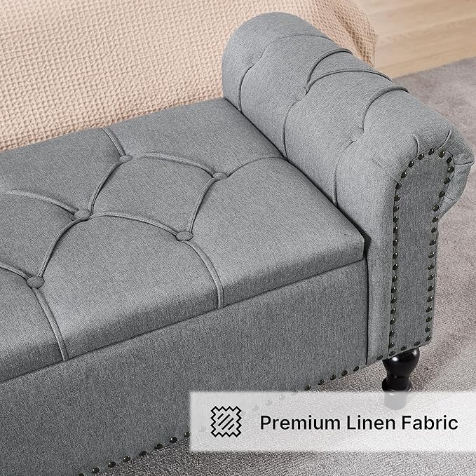 67 Inch Storage Bench for Bedroom, Linen End of Bed Bench, King Size Bench with Rolled Arms, Upholstered Tufted Button Storage Ottoman, Living Room, Entryway, Light Grey
