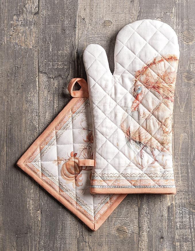 Maison d' Hermine 100% Cotton Oven Mitt & Pot Holder Set (7.5"x13" & 8"x8") Heat Resistant BBQ Cooking Gloves with Loop for Thanksgiving Christmas Decorations Handling Hot Pans (Giving Thanks)