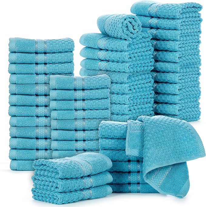 Ample Decor 100% Cotton Washcloths Set of 50 - Highly Absorbent, Popcorn Textured - Mulaayam Collection - 12 X 12 Inch Sky Blue