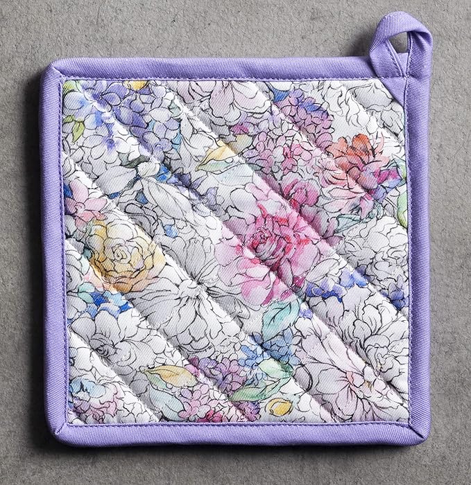 Maison d' Hermine Pot Holders Set 100% Cotton Heat Resistant Potholders 8" x 8" Hot Pads with Loop BBQ, Cooking, Baking, Grilling, Kitchen, Handling Hot Pans Spring/Summer (Pack of 2, Floral Love)