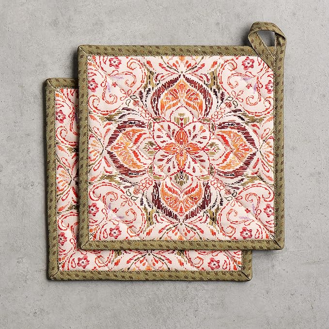 Maison d' Hermine Pot Holders Set 100% Cotton Heat Resistant Potholders 8" x 8" Hot Pads with Loop for Thanksgiving Christmas Decorations BBQ Cooking Baking Handling Hot Pans (Pack of 2, Damask)