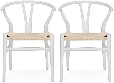 Wishbone Chair Natural Solid Wood Dining Chair/Hans Wegner Y Chair Rattan and Wood Accent Armrest Chairs Set of 2 (Ash Wood - White)