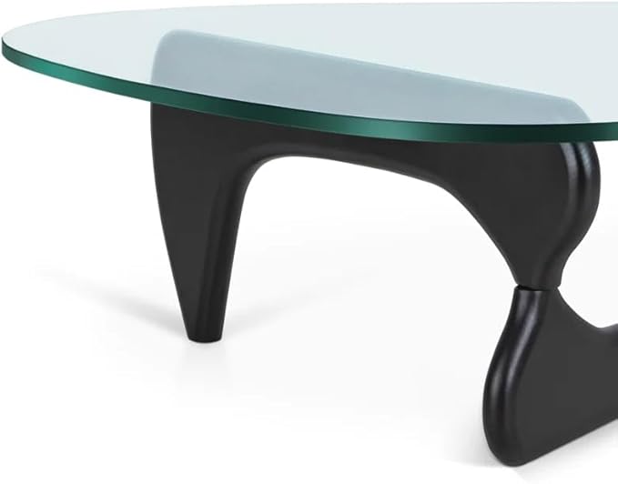 Noguchi Triangle Glass Coffee Table with Solid Wood Base, Vintage Clear Glass Top Modern Design for Living Room, Patio, Study, Black