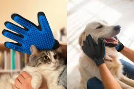 2-in-1 Pet Grooming Glove & Rubber Scrubber – Deshedding Brush Mitt for Dogs & Cats – Gentle Hair Remover for Long & Short Hair, Furniture & Sofa Cleaning – Blue, Right Hand