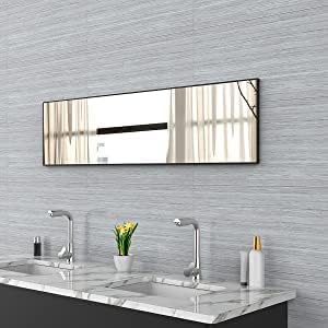 ANYHI Over The Door Mirror, 47" x 12" Black Full Length Mirror for Door, 2 Hooks, Aluminum Frame, Door Hanging or Wall Mounted for Bedroom Bathroom Checkroom