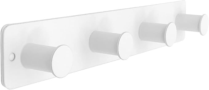 Small Coat Rack Wall Mounted, White Coat Hooks Adhesive & Screw in, Stainless Steel Door Hooks for Hanging Hat Towels Clothes, Hook Rail with 4 Round Hangers (White, 4 Hooks)