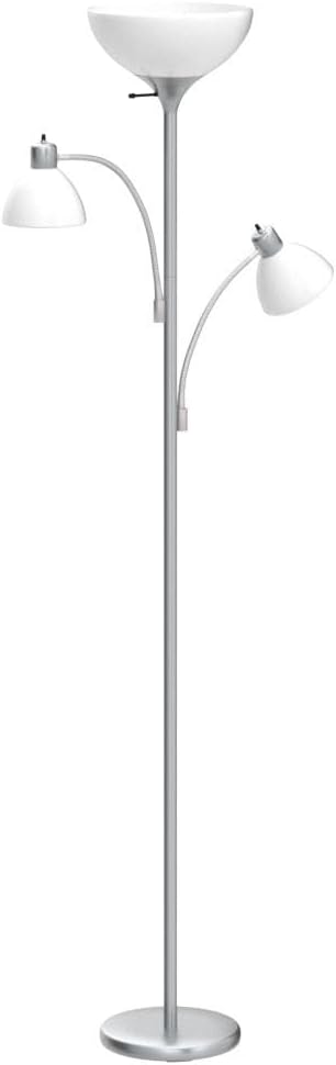 Brightech Sky Dome Double LED Floor lamp, Torchiere Super Bright Floor Lamp with 2 Reading Lamps for Living Rooms & Offices - Dimmable Tall Standing Lamp for Bedroom Reading - Tall Silver Pole