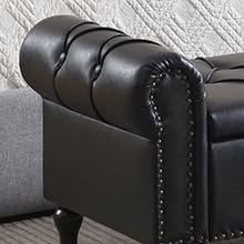 Leather Storage Bench 67 Inch Upholstered Tufted Ottoman Bench with Arms King Size End of Bed Bench for Bedroom Living Room Entryway Black
