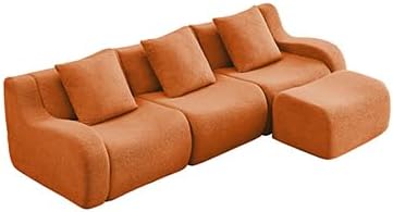 Orange Teddy Fabric Cloud Ottoman, Modern Boneless Modular Footstool in a Box for Living Room, Comfortable Deep Seat Design, No Assembly Required, Sofas para Sala