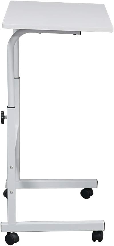Goujxcy Sofa Side Table C Shaped End Table with Wheels, Rolling Bedside Laptop Table Snack Table TV Tray, Height Adjustable, Wooden Top & Metal Frame