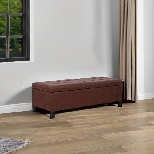 Joveco 51 Inch Storage Ottoman Bench,Tufted Leather Storage Bench for Bedroom (51”,Chocolate Brown)