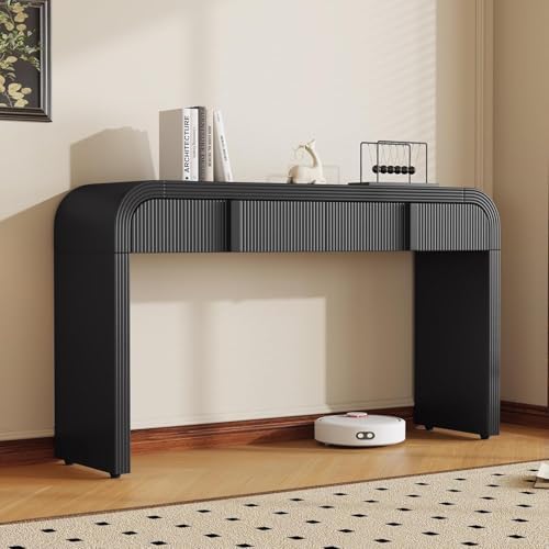 55'' Fluted Console Table with Drawers, Wood Modern Curved Entryway Table with Storage and Rounded Silhouette for EntryWay, Hallway, Foyer (Black)