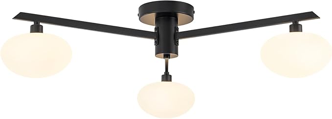 Semi Flush Mount Ceiling Light Fixture, Mid Century Modern 3-Light 22.5" Lighting Fixtures Ceiling, Matte Black Ceiling Lights for Bedroom, Entryway, Hallway, Bathroom, Kitchen, Dining Room