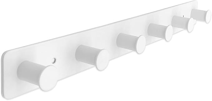 Coat Rack Wall Mounted, White Coat Hooks Adhesive & Screw in, Stainless Steel Door Hooks for Hanging Hat Towels Clothes, Hook Rail with 6 Round Hangers