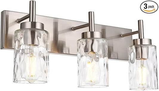 BONLICHT Brushed Nickel Vanity Light Modern 3 Light Bathroom Lighting Fixture Over Mirror with Clear Hammered Glass Shade, Industrial Indoor Farmhouse Wall Mounted Lamp for Powder Room Kitchen Hallway
