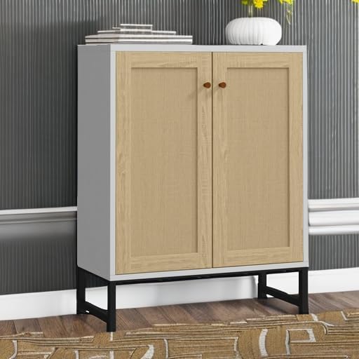 Panana Rattan Decorated 2 Doors Storage Cabinet Accent Cabinet Living Room Cupboard Kitchen Sideboard Buffet Table (White)