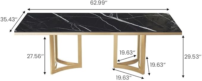 POVISON Marble Dining Table for 6, Modern Dining Room Table 63" for Kitchen & Dining Room, Black Marble Table Top with Luxury Gold Trestle Pedestal(Dining Table Only)