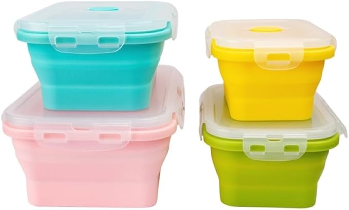 Set of 4, Collapsible Silicone Food Storage Container, Leftover Meal Box for Kitchen, Lunch Boxes with Clip-on Lid, Stackable, Space Saving, Dishwasher Safe, BPA Free