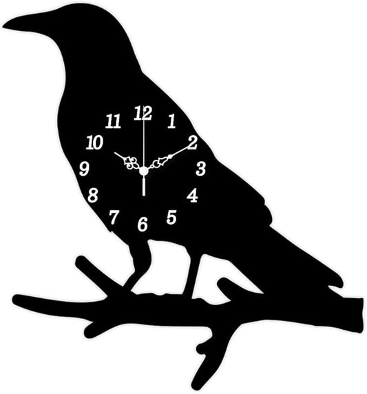CHGCRAFT Crow Standing Branch Pattern Wall Clock 13.9 Inch Wood Grain Non-Ticking Irregular Shape Clocks Wall Hanging Clock Battery Operated for Bedroom Living Room Kitchen Office
